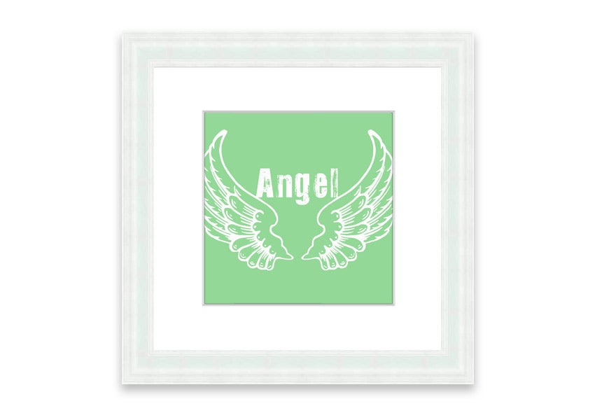 Framed print of Angel Wings 2 Green design, showcasing delicate wings in soothing green tones, ready to hang.