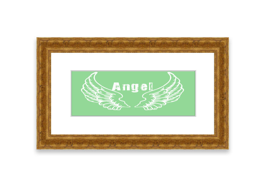 Framed print of Angel Wings 2 Green design, showcasing delicate wings in soothing green tones, ready to hang.