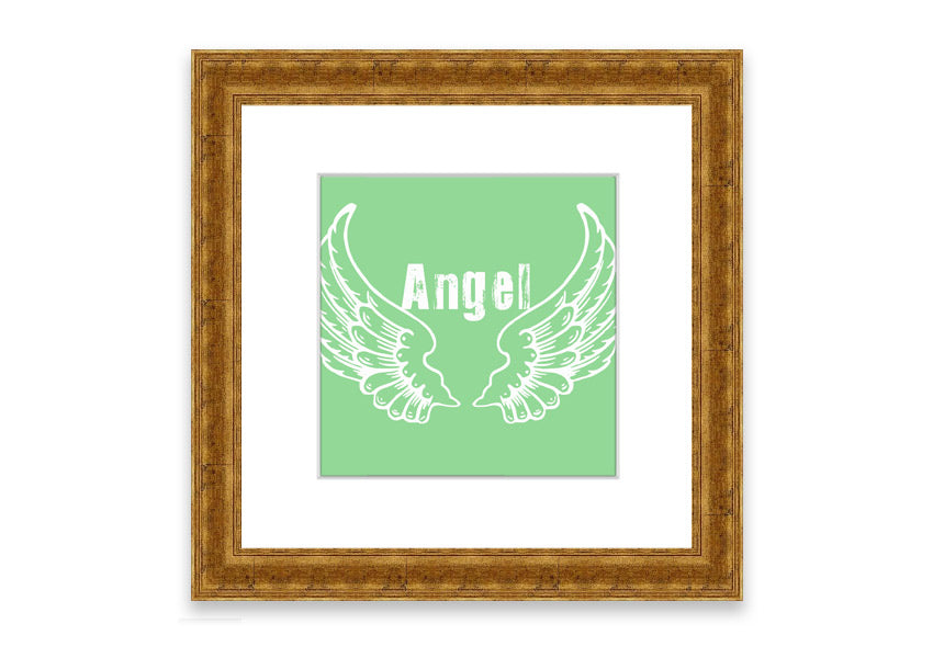 Framed print of Angel Wings 2 Green design, showcasing delicate wings in soothing green tones, ready to hang.