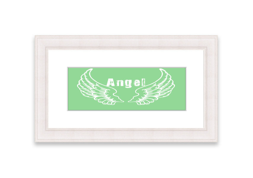 Framed print of Angel Wings 2 Green design, showcasing delicate wings in soothing green tones, ready to hang.