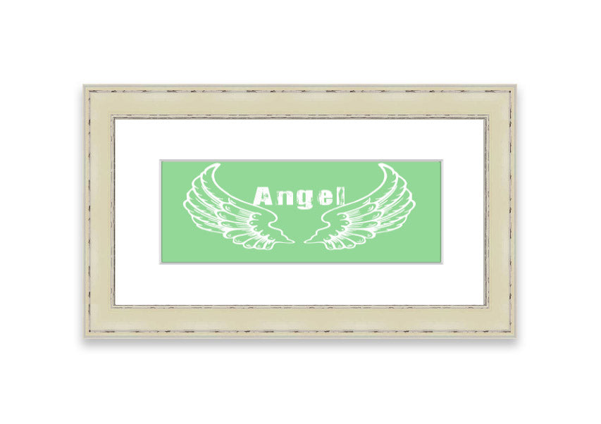 Framed print of Angel Wings 2 Green design, showcasing delicate wings in soothing green tones, ready to hang.