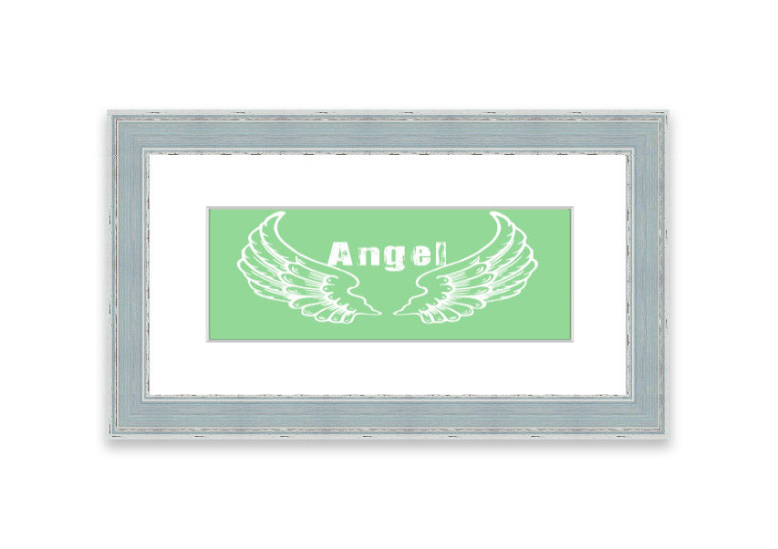 Framed print of Angel Wings 2 Green design, showcasing delicate wings in soothing green tones, ready to hang.