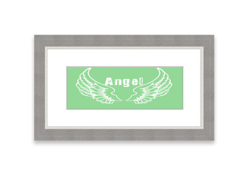 Framed print of Angel Wings 2 Green design, showcasing delicate wings in soothing green tones, ready to hang.