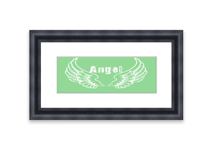 Framed print of Angel Wings 2 Green design, showcasing delicate wings in soothing green tones, ready to hang.