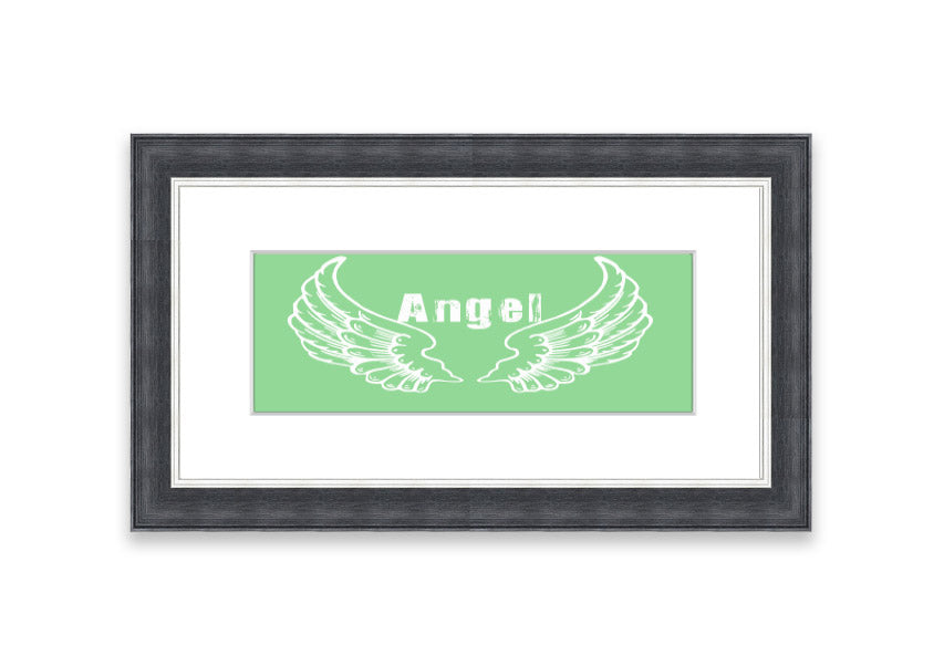 Framed print of Angel Wings 2 Green design, showcasing delicate wings in soothing green tones, ready to hang.