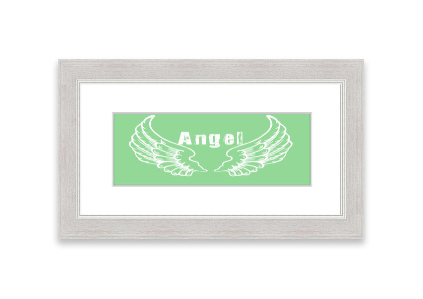 Framed print of Angel Wings 2 Green design, showcasing delicate wings in soothing green tones, ready to hang.