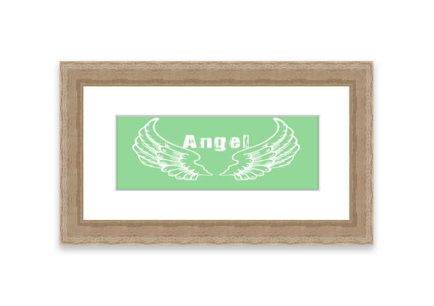 Framed print of Angel Wings 2 Green design, showcasing delicate wings in soothing green tones, ready to hang.