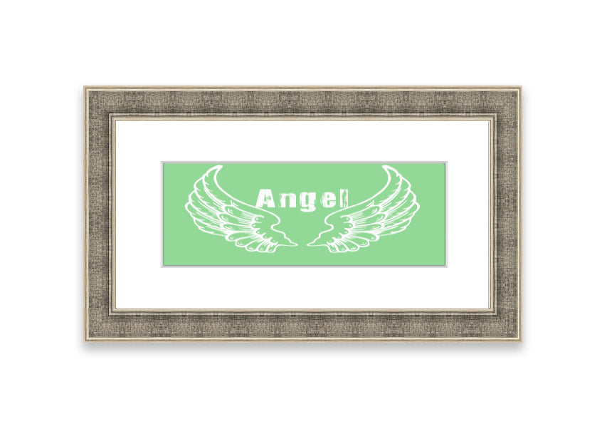 Framed print of Angel Wings 2 Green design, showcasing delicate wings in soothing green tones, ready to hang.