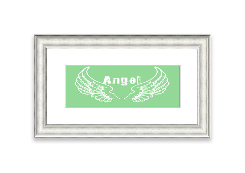 Framed print of Angel Wings 2 Green design, showcasing delicate wings in soothing green tones, ready to hang.