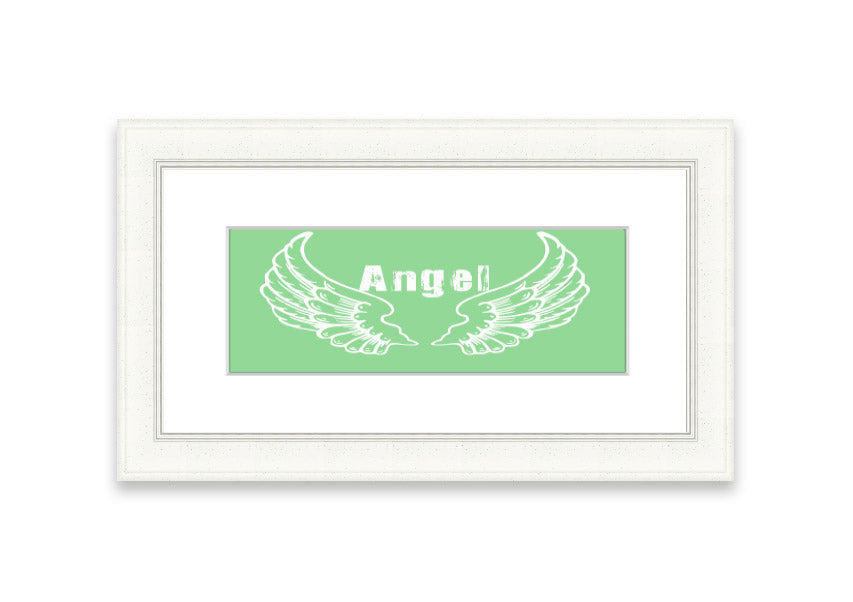 Framed print of Angel Wings 2 Green design, showcasing delicate wings in soothing green tones, ready to hang.