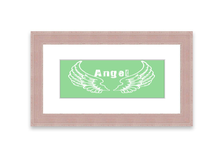 Framed print of Angel Wings 2 Green design, showcasing delicate wings in soothing green tones, ready to hang.