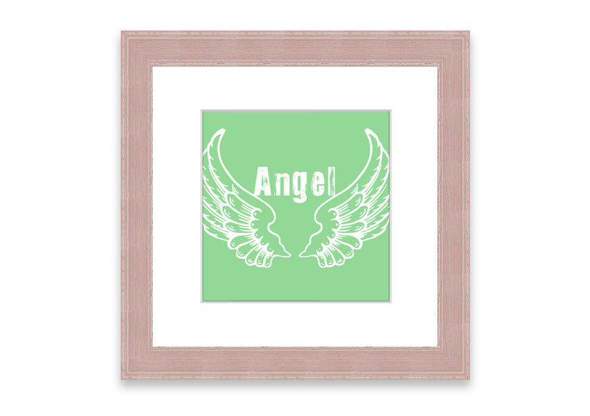 Framed print of Angel Wings 2 Green design, showcasing delicate wings in soothing green tones, ready to hang.