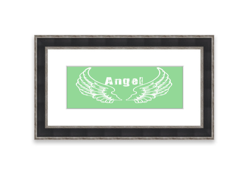 Framed print of Angel Wings 2 Green design, showcasing delicate wings in soothing green tones, ready to hang.