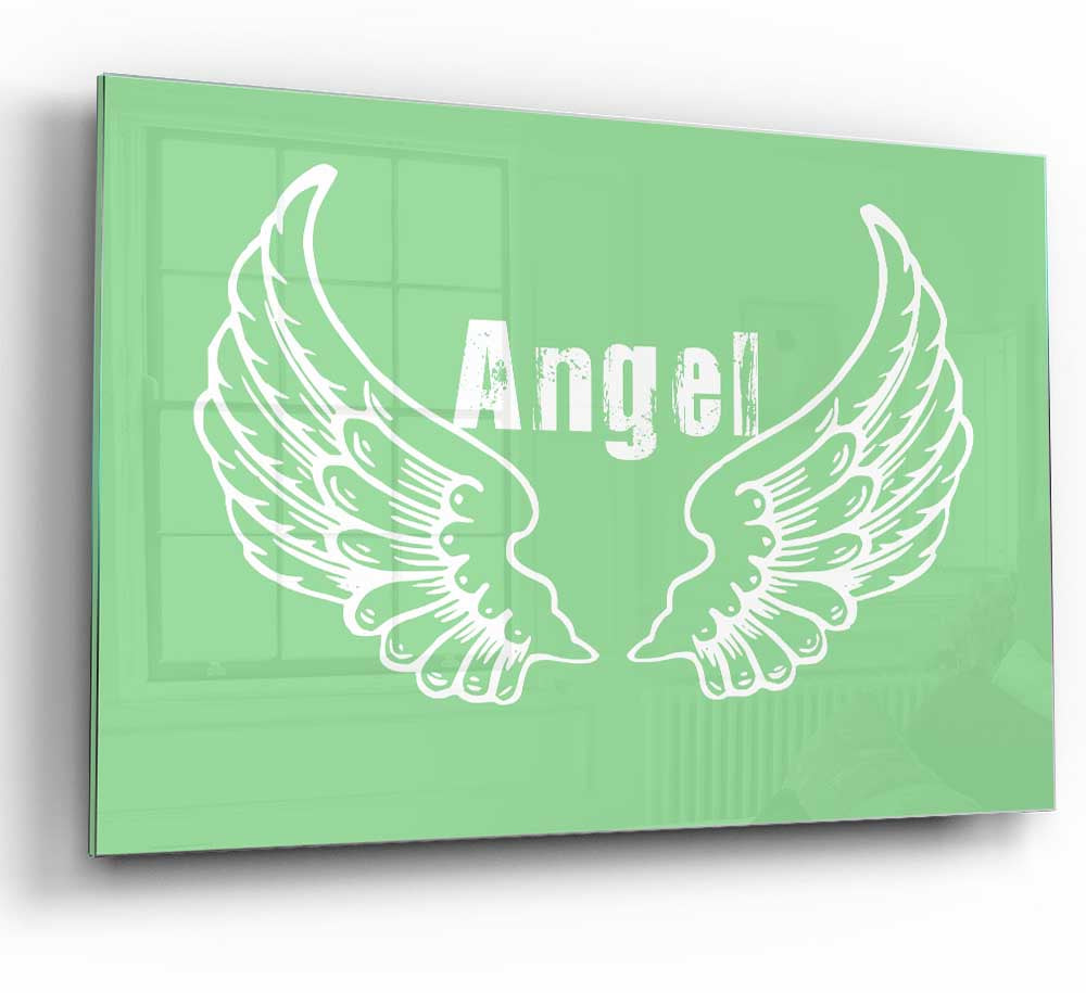 Angel Wings 2 Green glass print featuring a modern design with vibrant green colors, perfect for home decor.