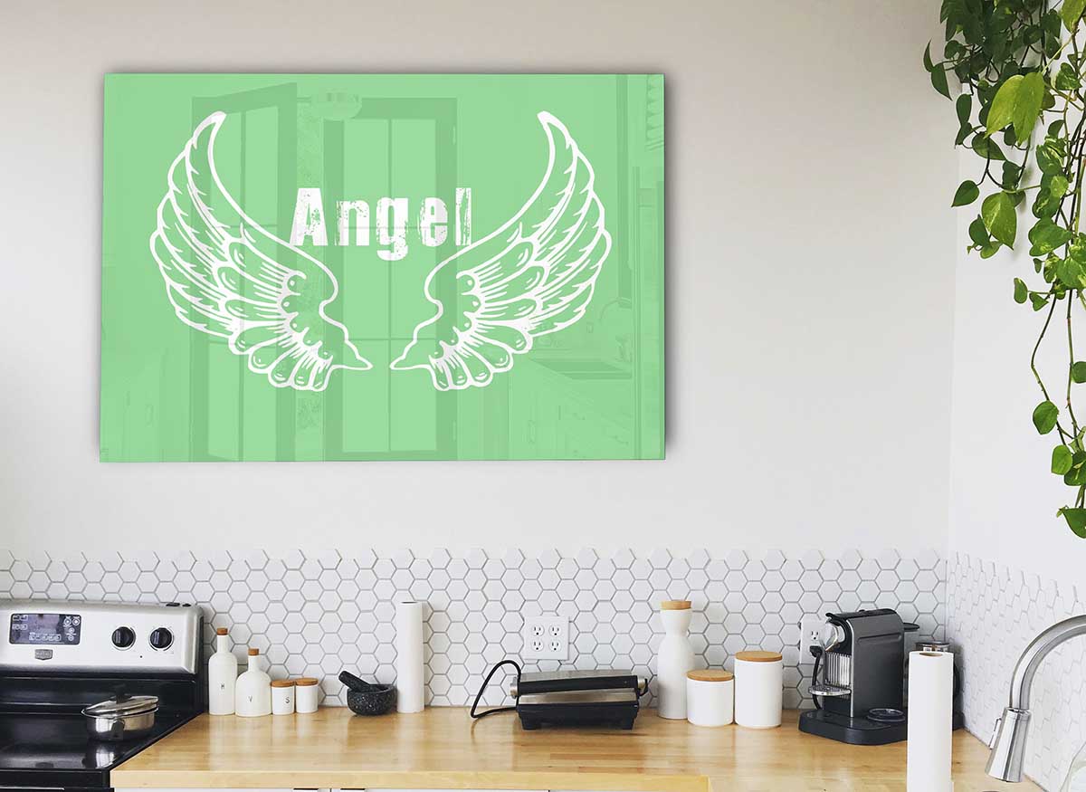 Angel Wings 2 Green glass print featuring a modern design with vibrant green colors, perfect for home decor.