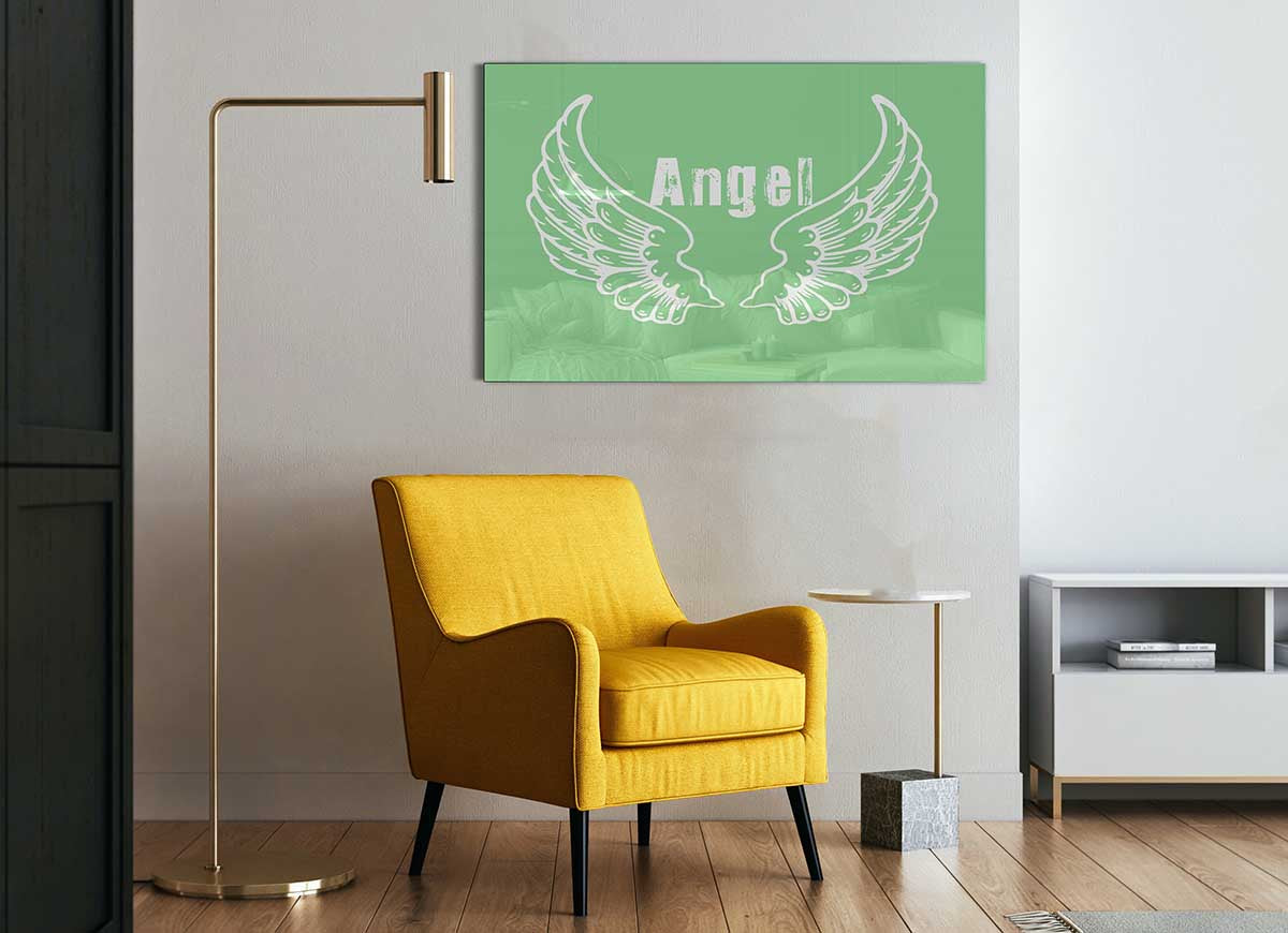 Angel Wings 2 Green glass print featuring a modern design with vibrant green colors, perfect for home decor.