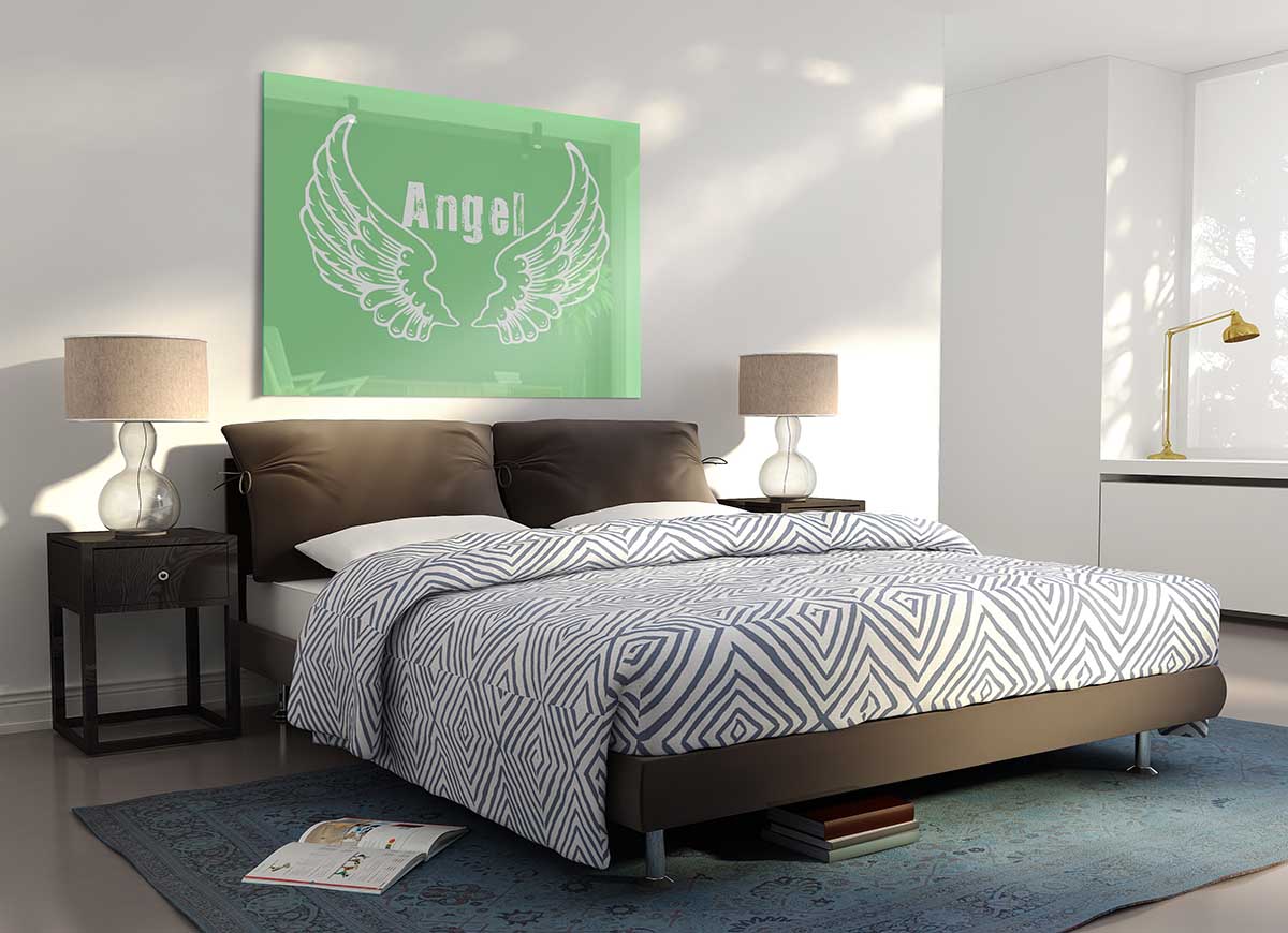 Angel Wings 2 Green glass print featuring a modern design with vibrant green colors, perfect for home decor.