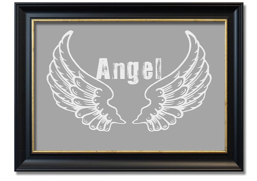 Framed print of angel wings in grey and white, elegantly designed and ready to hang.