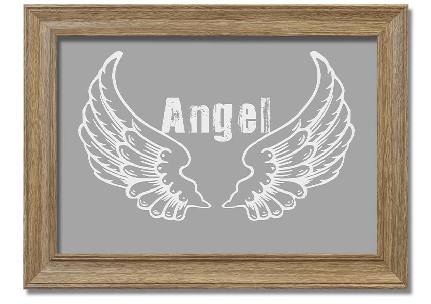 Framed print of angel wings in grey and white, elegantly designed and ready to hang.