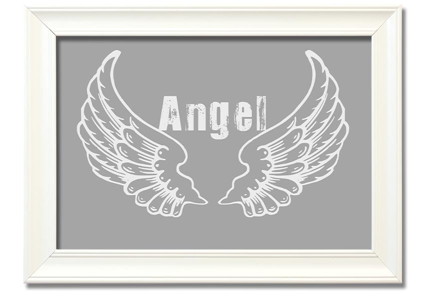 Framed print of angel wings in grey and white, elegantly designed and ready to hang.