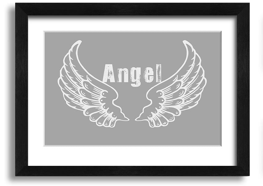 Framed print of angel wings in grey and white, elegantly designed and ready to hang.