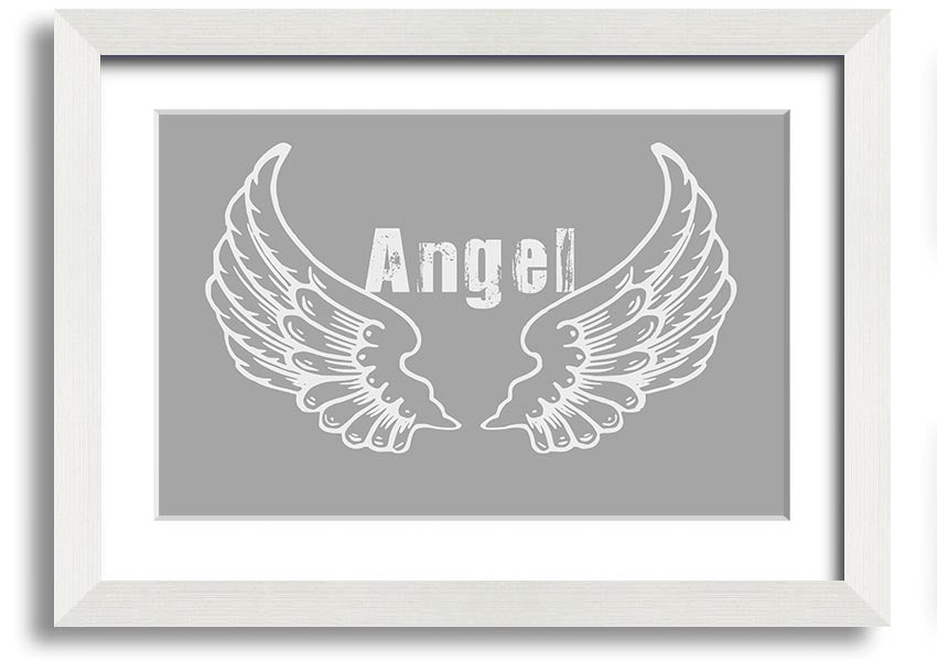 Framed print of angel wings in grey and white, elegantly designed and ready to hang.