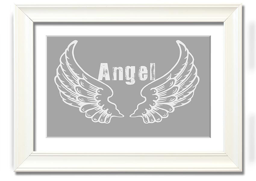 Framed print of angel wings in grey and white, elegantly designed and ready to hang.