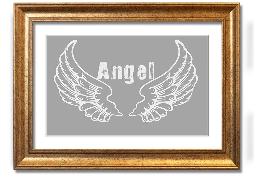 Framed print of angel wings in grey and white, elegantly designed and ready to hang.