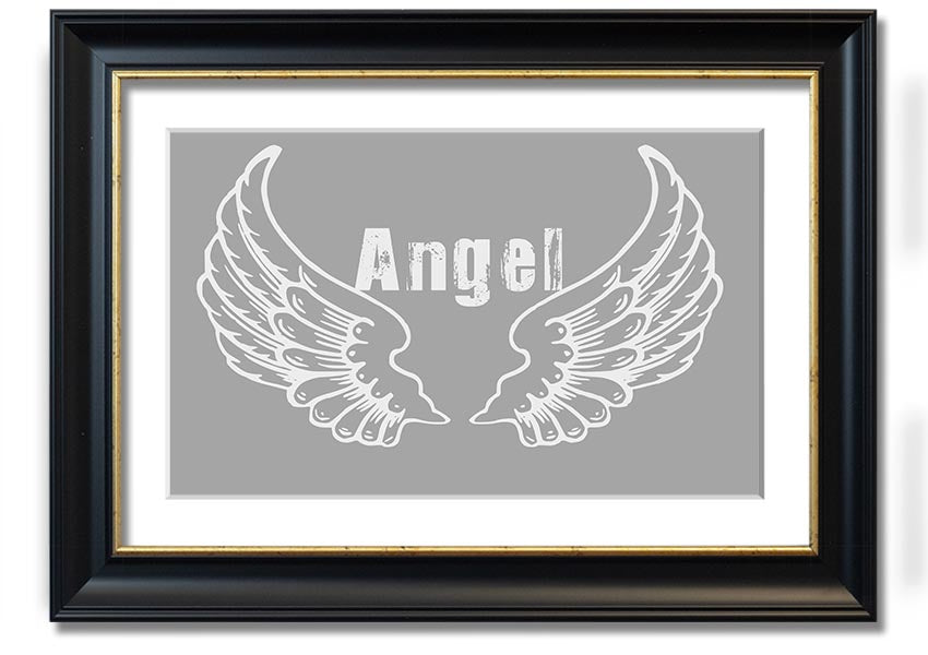 Framed print of angel wings in grey and white, elegantly designed and ready to hang.