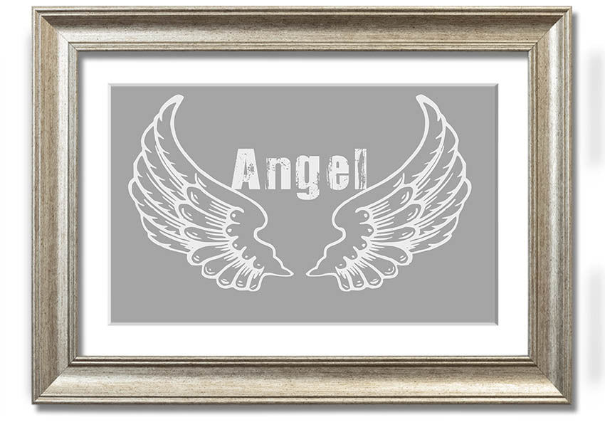 Framed print of angel wings in grey and white, elegantly designed and ready to hang.