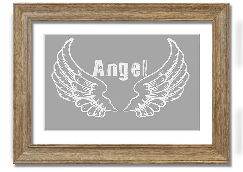 Framed print of angel wings in grey and white, elegantly designed and ready to hang.