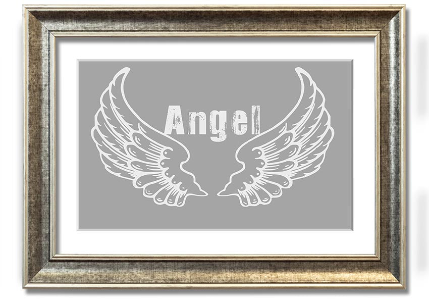 Framed print of angel wings in grey and white, elegantly designed and ready to hang.