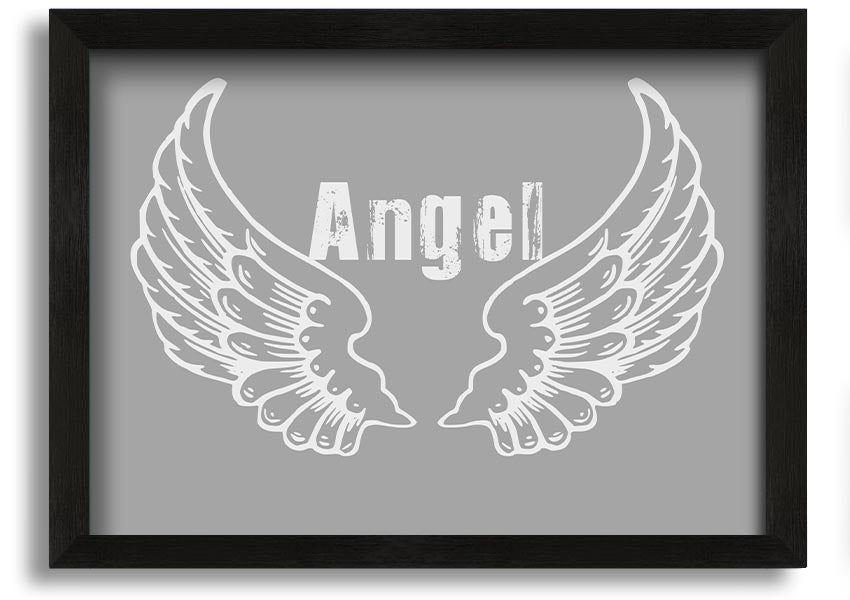 Framed print of angel wings in grey and white, elegantly designed and ready to hang.