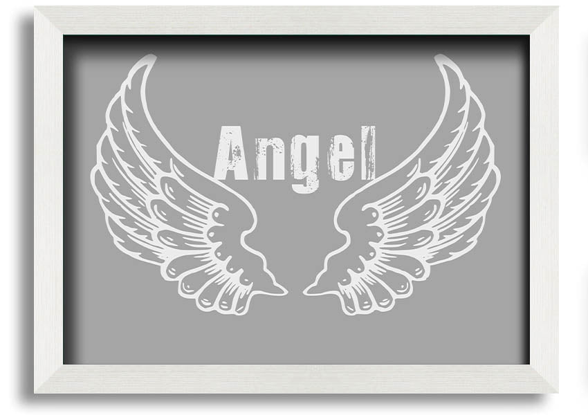 Framed print of angel wings in grey and white, elegantly designed and ready to hang.