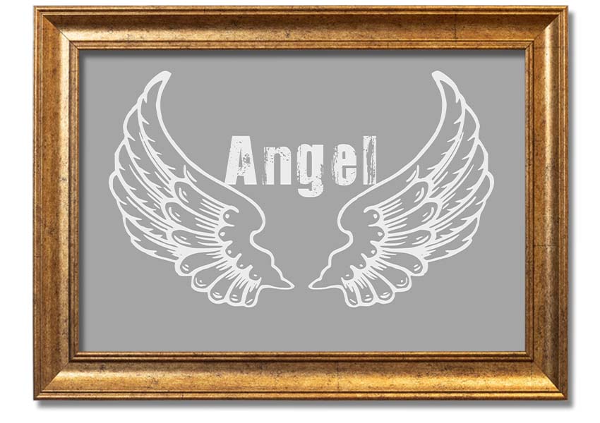 Framed print of angel wings in grey and white, elegantly designed and ready to hang.