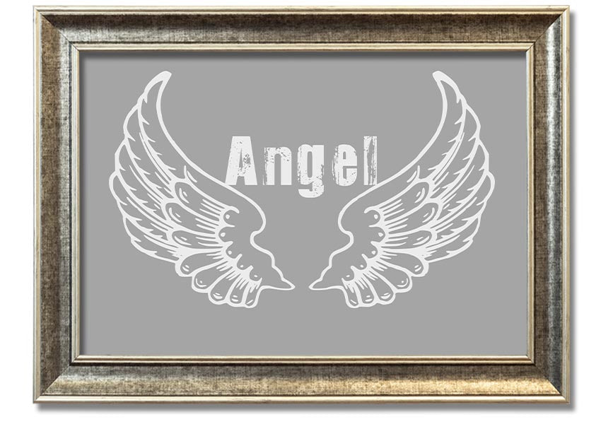 Framed print of angel wings in grey and white, elegantly designed and ready to hang.