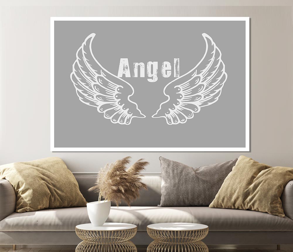 Angel Wings 2 Grey White canvas poster featuring elegant grey and white wings design, perfect for home decor.