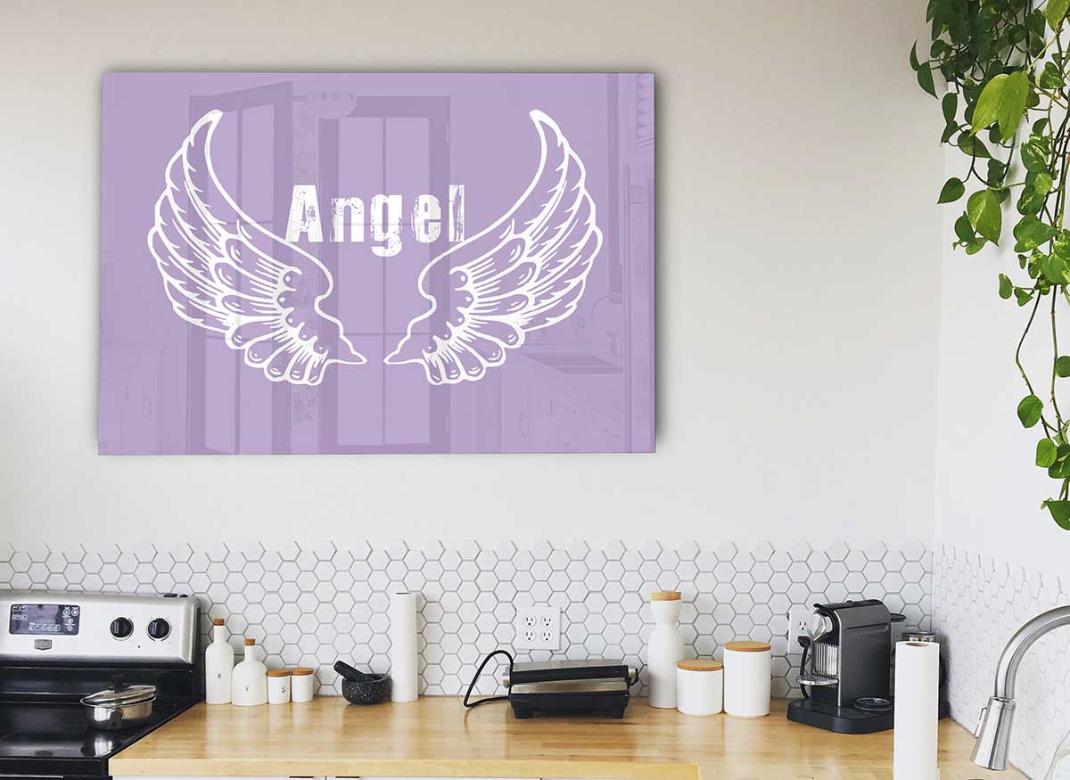 Angel Wings 2 Lilac glass print featuring delicate lilac-colored wings on a sleek glass surface, perfect for modern home decor.