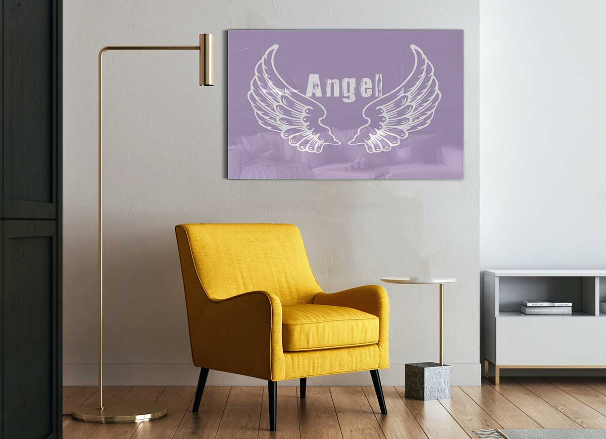 Angel Wings 2 Lilac glass print featuring delicate lilac-colored wings on a sleek glass surface, perfect for modern home decor.