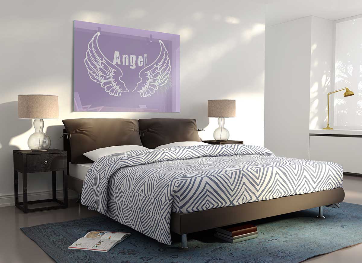 Angel Wings 2 Lilac glass print featuring delicate lilac-colored wings on a sleek glass surface, perfect for modern home decor.