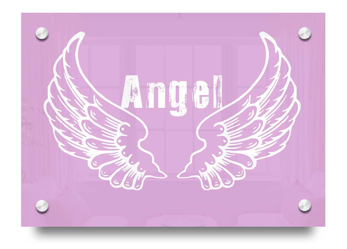 Angel Wings 2 Pink acrylic print showcasing vibrant pink angel wings on a clear acrylic background, perfect for wall decor.