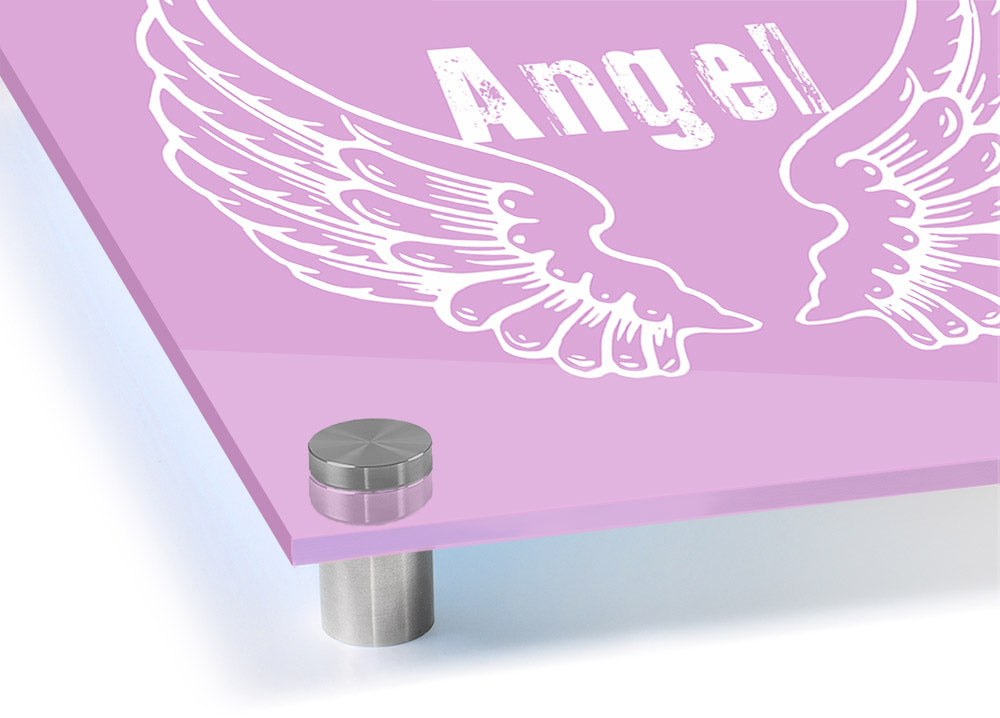 Angel Wings 2 Pink acrylic print showcasing vibrant pink angel wings on a clear acrylic background, perfect for wall decor.