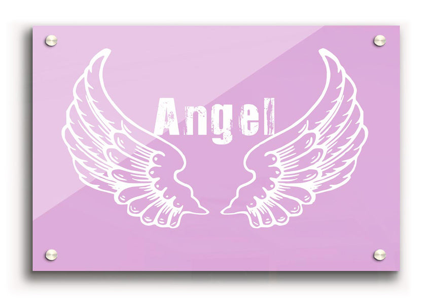 Angel Wings 2 Pink acrylic print showcasing vibrant pink angel wings on a clear acrylic background, perfect for wall decor.