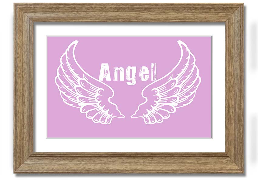 Framed print of delicate pink angel wings, elegantly designed and ready to hang.