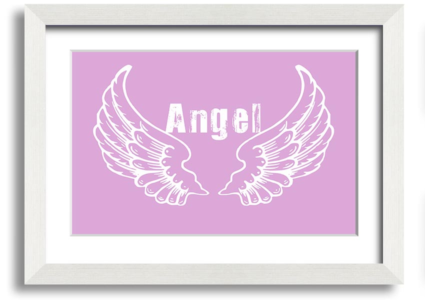 Framed print of delicate pink angel wings, elegantly designed and ready to hang.