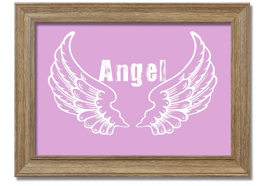 Framed print of delicate pink angel wings, elegantly designed and ready to hang.