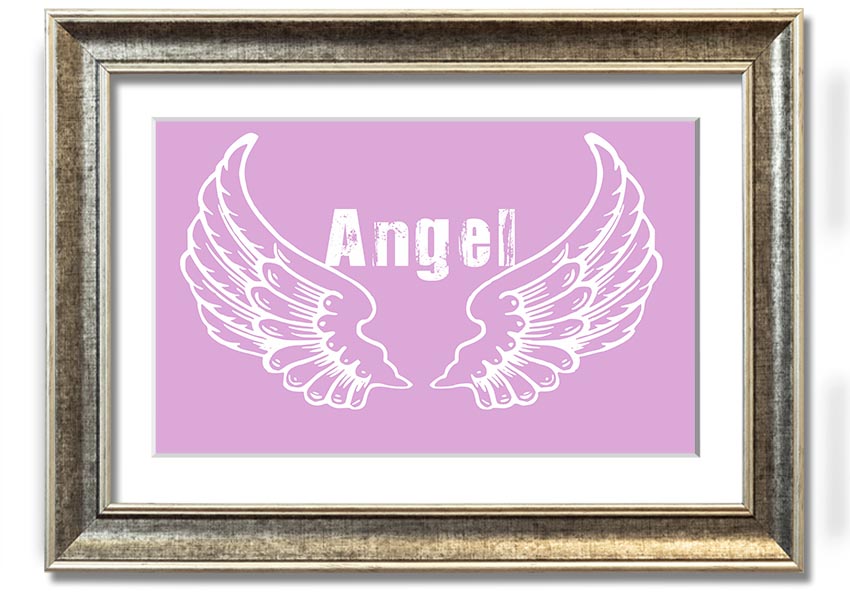 Framed print of delicate pink angel wings, elegantly designed and ready to hang.