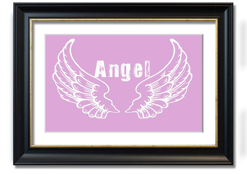 Framed print of delicate pink angel wings, elegantly designed and ready to hang.