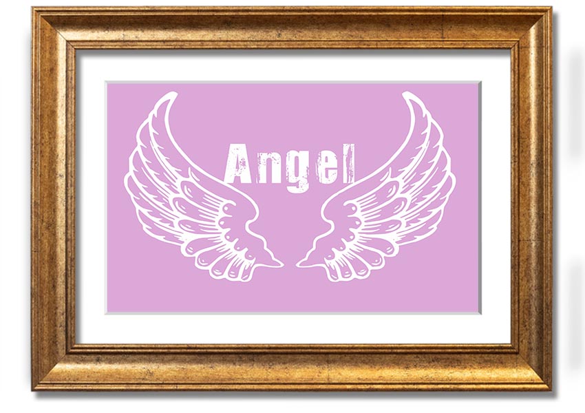 Framed print of delicate pink angel wings, elegantly designed and ready to hang.