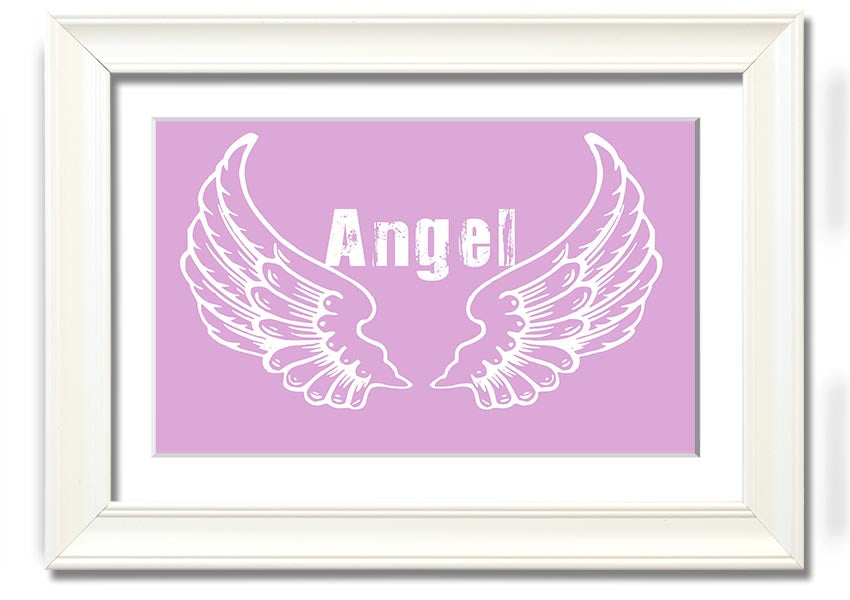 Framed print of delicate pink angel wings, elegantly designed and ready to hang.